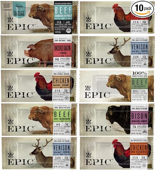 EPIC Bars 100% Animal-Based Whole Protein, Sampler Assorted Variety Pack (10 Pack) In Sanisco Pac... | Amazon (US)