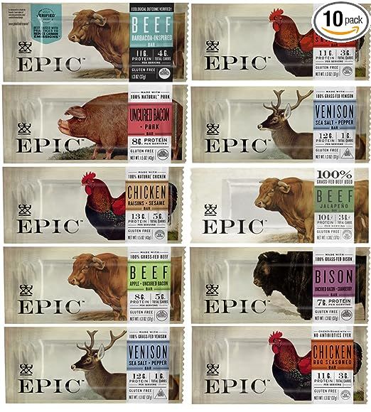EPIC Bars 100% Animal-Based Whole Protein, Sampler Assorted Variety Pack (10 Pack) In Sanisco Pac... | Amazon (US)