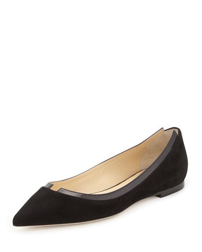Imogen Suede Pointed-Toe Ballerina Flat, Black | Neiman Marcus