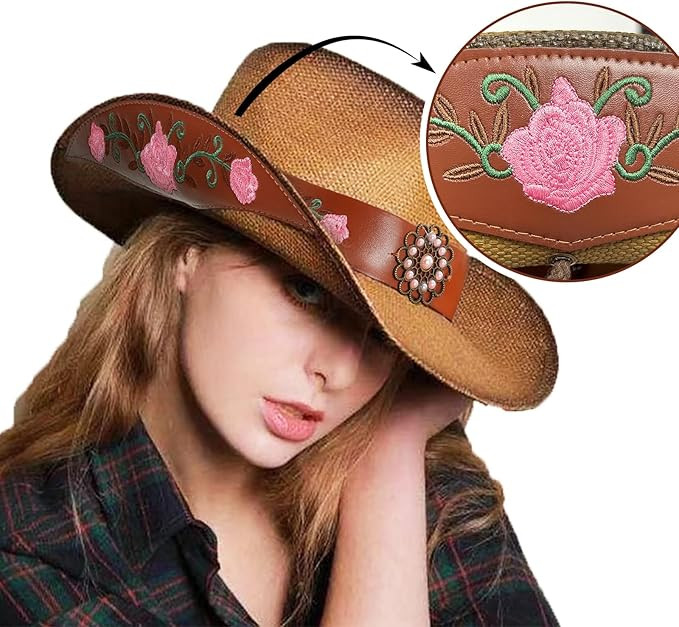 Cowboy Hats for Women, Brown Cowgirl Hats Classic Straw Western Hats for Women Music Festival Par... | Amazon (US)
