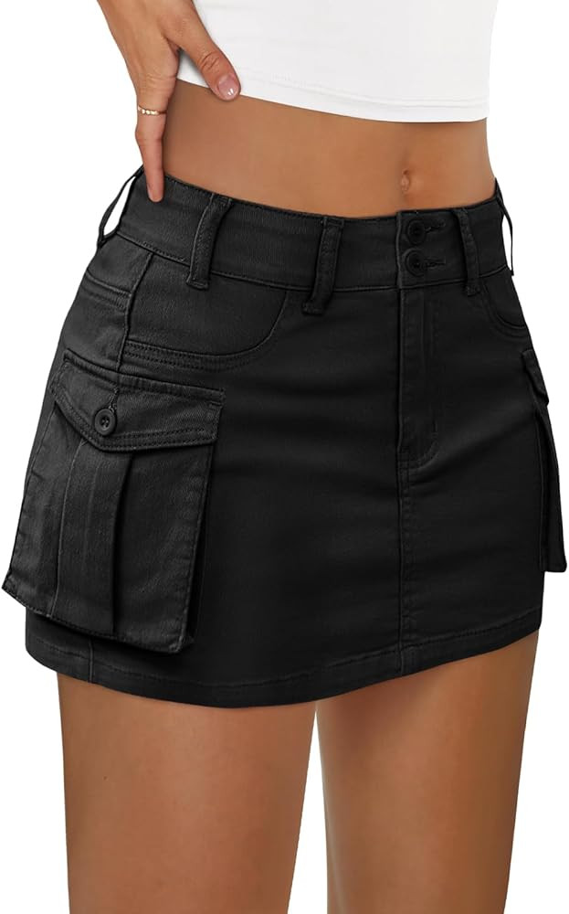 LILLUSORY Women Cargo Mini Skirt Denim Jean Dress with Pocket | Amazon (US)
