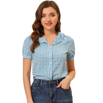 INSPIRE CHIC Women's Plaid Gingham Puff Sleeve Ruffle Peter Pan Collar Shirt Blue Large | Target