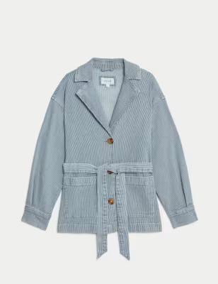 Cotton Rich Striped Belted Collared Jacket | Per Una | M&S | Marks & Spencer IE