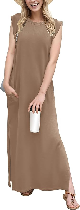GRECERELLE 2025 Women Year-Round Casual Round Neck Loose Split Wrinkle-Free Long Maxi Vacation Dr... | Amazon (US)