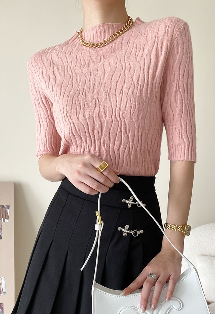 Mock Neck Textured Knit Top in Pink | Chicwish