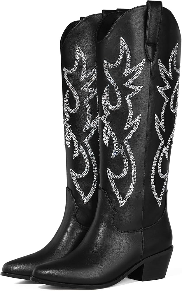 Ouepiano Cowboy Boots for Women, Cowgirl Boots with Sparkly Rhinestone, Almond Toe Low Heel Pull ... | Amazon (US)