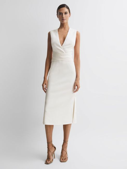 Reiss Ivory Jayla Fitted Wrap Design Midi Dress | Reiss US