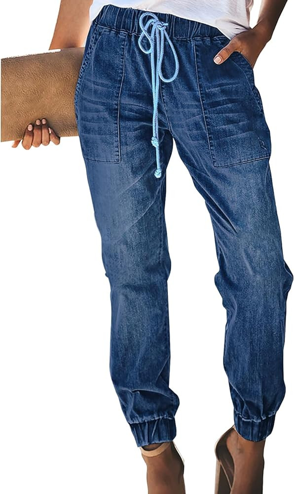 LONGYIDA Jean Joggers for Women Denim Ripped Loose Jeans High Waisted Stretch Drawstring Denim Jo... | Amazon (US)