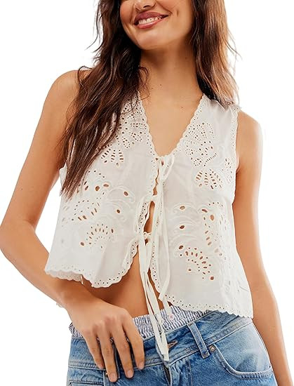 Peaceglad Womens Vest Top Trendy Floral Embroidered Eyelet Tie Front Tops Fashion Crochet Lace Ho... | Amazon (US)