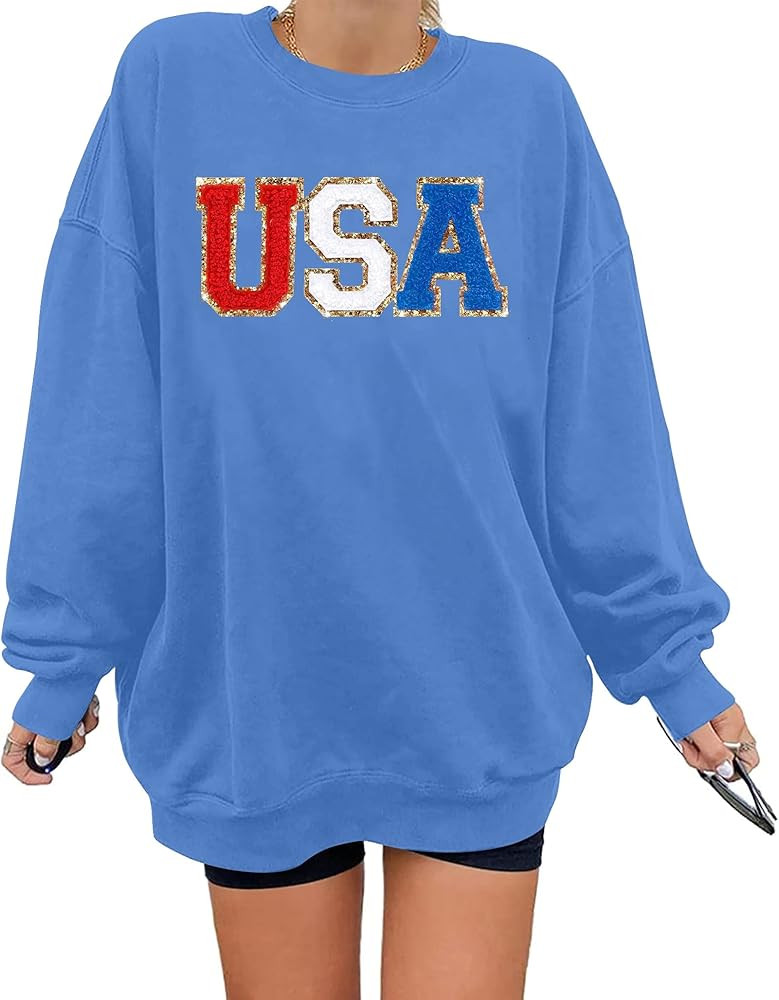 Oversized Usa Sweatshirt Women: Patriotic Tshirt 4th July Shirt Long Sleeve Casual Pullover Tops | Amazon (US)