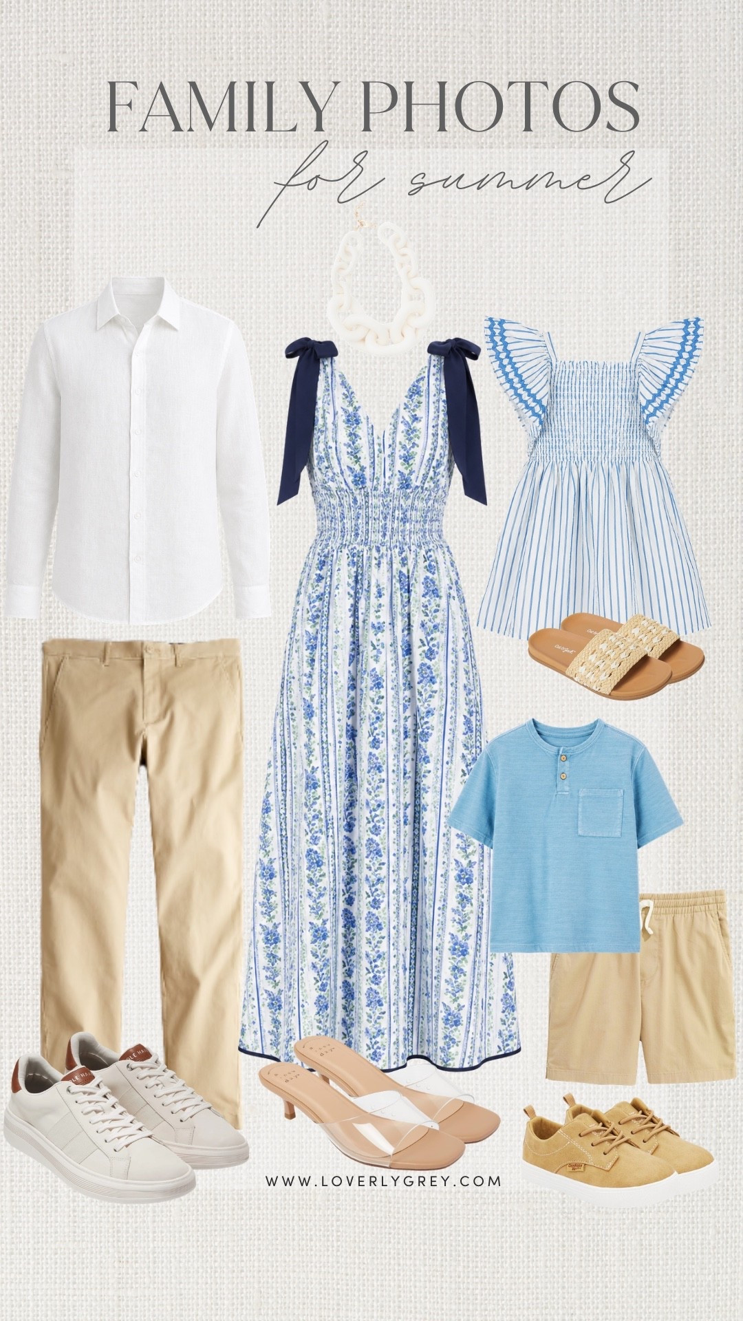 Blue and white is always a favorite for summer family photos. The soft floral dress paired with light neutrals and coordinating blue details creates a classic look. These pieces photograph beautifully outdoors and work especially well for beach sessions, gardens, or waterfront locations.

#LTKMens #LTKKids #LTKmomlife