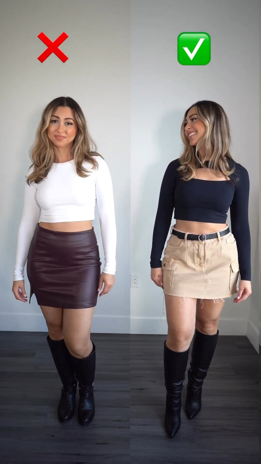 How to style skirts on a PEAR shape 🍐 I always hated how fitted skirts looked on me (the one on the left) but now I know why 😅 yep, I have a pear shape 🍐 

❓What is a pear shape? 🍐
Similar to a pear fruit, a pear body has a smaller bust, narrow shoulders and a smaller waist with wider hips, thighs and calves.

❌ DO NOT MAKE THIS MISTAKE (left) 

The eye is naturally drawn to your thicker lower half with a pear shape. Avoid adding bulk by staying away from narrow mini skirts/dresses that hug the thighs and highlight the lower half of your midsection in a bad way (featured on the left). 

Instead…

✅ DO THESE TO DRESS A PEAR CORRECTLY🍐 

Do pick A-line skirts/dresses that get wider around the thigh area. This conceals the bottom half of the midsection and gives your thighs room. Having extra fabric will not only be more comfortable, but it will also make your thighs and legs look a lot slimmer! 

On the left, I feel super bulky and heavy. My tummy looks accentuated in a bad way, my thighs, knees and calves aren’t flattered at all. On the right, my legs look sexy and normally proportioned to the rest of my body. Success 🥳🎉

If a shoe doesn’t fit, you don’t blame your foot, you just get a bigger shoe. If an outfit doesn’t flatter your body, don’t blame your body, improve the outfit. 👏🏼 

Please comment below if you’d like to see more content around dressing a pear-shaped body! 🥰⬇️

#LTKcurves