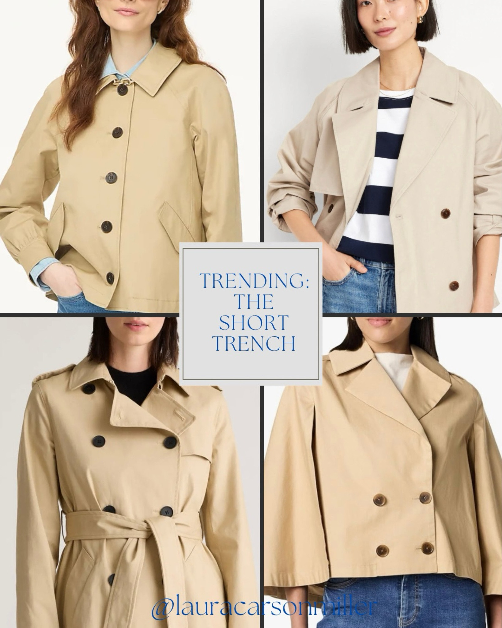 These picks range between $42-$98 and include single & double breasted designs and a cape style! I have the jacket shown in the top left corner and it is absolute perfection! It looks even better in person and is so cute on!! I plan to do a video to show it to you so you can see the fun details up close. A short trench is spot on for spring and can carry you through fall when layered over a sweater or a dress in a heavier fabric. So versatile, so casually chic and the best addition to your capsule and/or outwear wardrobe.

Cropped trench, short trench, trending, jackets, coats, style tips, sale alert, spring, Laura carson miller, petite, mid sized, over 40, teens, plus sized, finds under $50, finds under $100, outerwear, capsule wardrobe 

#LTKFindsUnder50 #LTKSaleAlert #LTKFindsUnder100