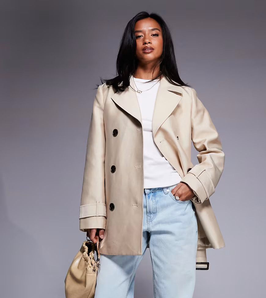 Forever New Petite short belted trench coat in beige-White | ASOS (Global)