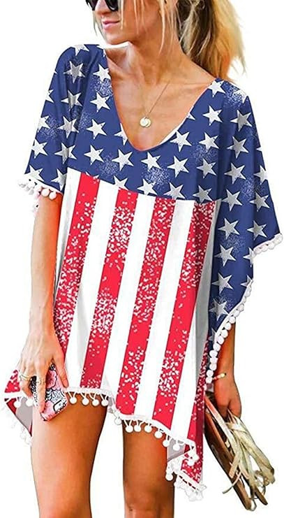 Women's American Flag Swimsuit Women Kimono Cover-up Beachwear Loose Tops Shirt Dress | Amazon (US)