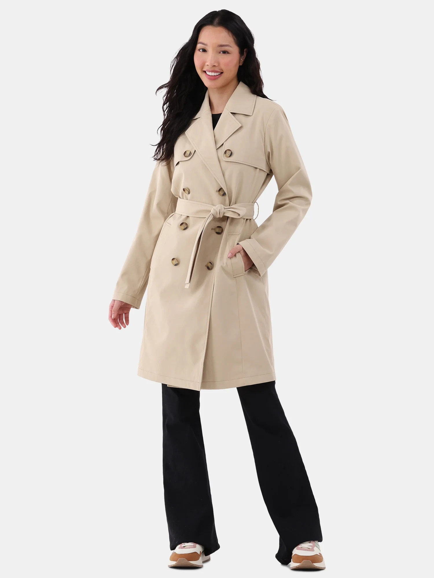 Time and Tru Double Breasted Trench Coat, Women's and Women’s Plus | Walmart (US)
