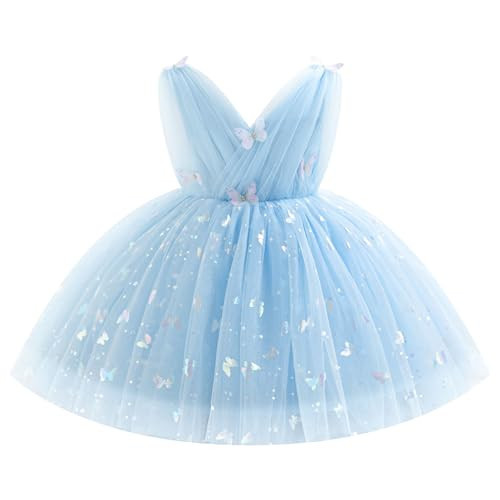 IBTOM CASTLE Girls Butterfly Dress for Wedding Toddlers Ruffle Tulle Flower Girls Dress V-Neck Princess Party Dress Sleeveless Formal Birthday Dress Pageant Ball Gown Blue 3-4 Years | Amazon (US)