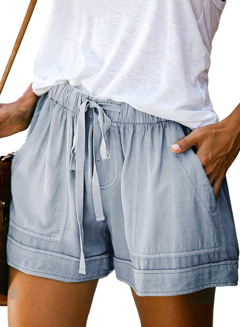 ANGGREK Womens Elastic Waist Casual Drawstring Shorts Summer Beach Shorts Comfy Ruffle Hem Short ... | Amazon (US)