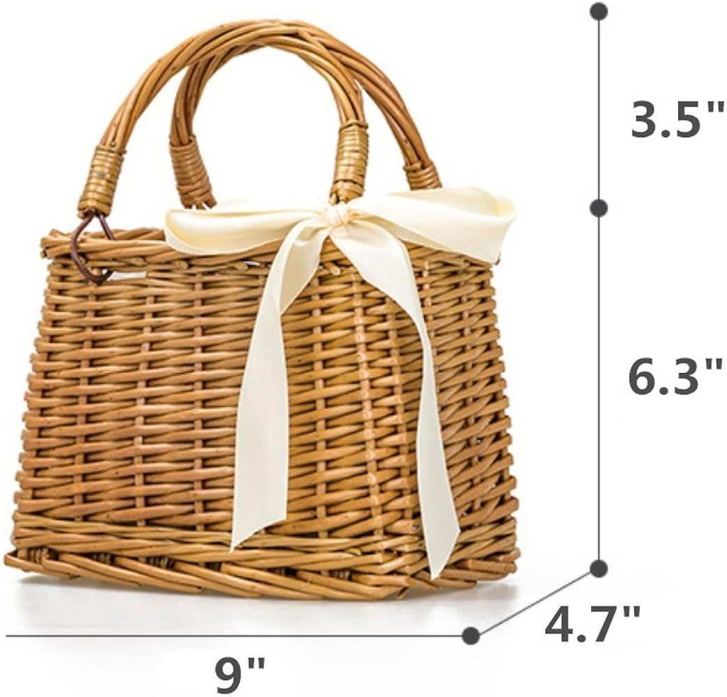 QTMY Bow Rattan Woven Bag Straw Bags Top Handle Handbags Bohemia Style Beach Bag,Beige | Amazon (US)