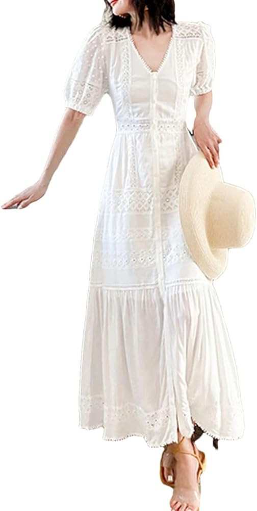 Hollow Out Floral Embroidery Dress Summer V-Neck Short Sleeve Women Dresses Boho Casual Beach Dre... | Amazon (US)