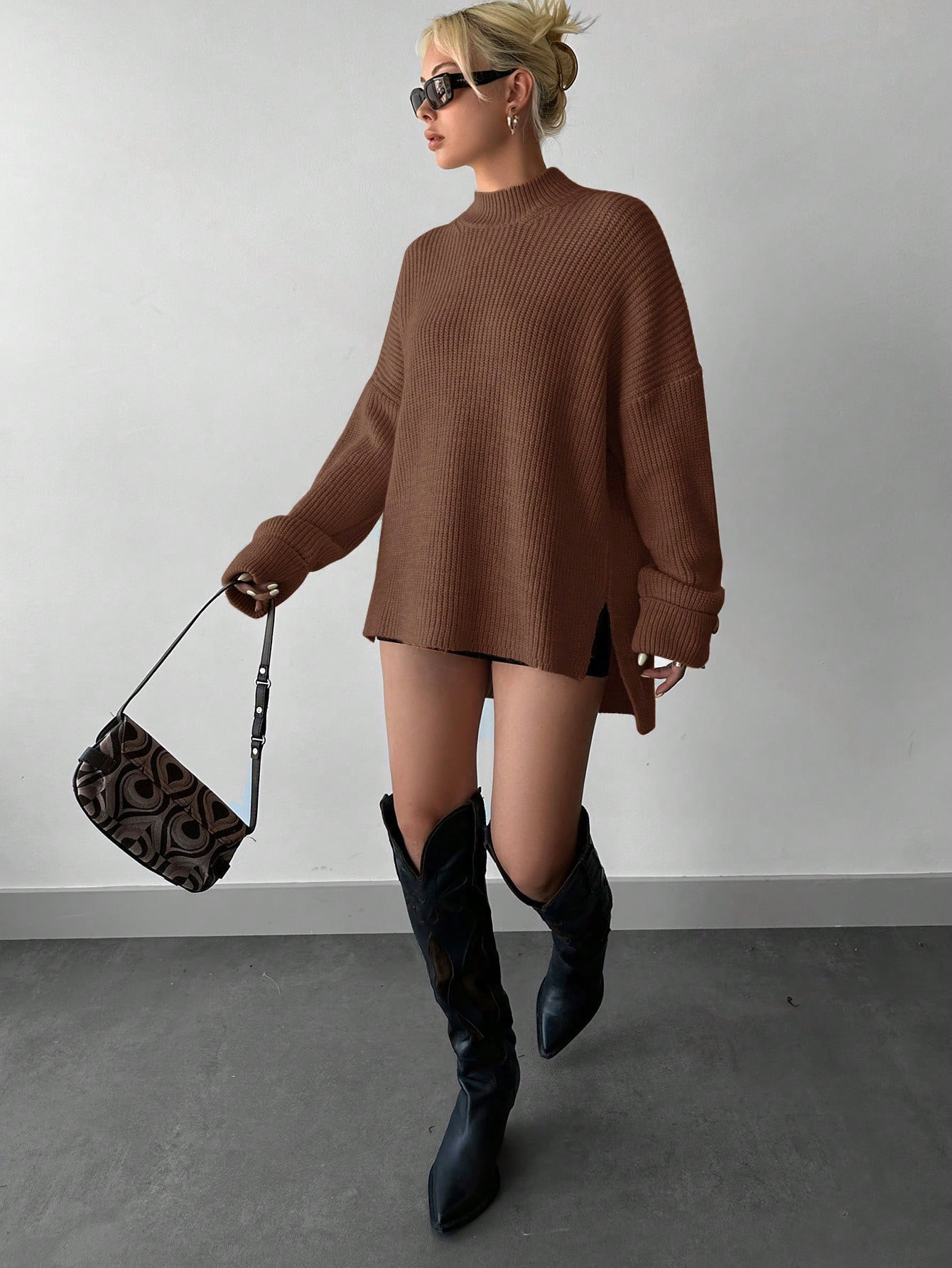 Mock Neck Drop Shoulder Split Hem Sweater | SHEIN