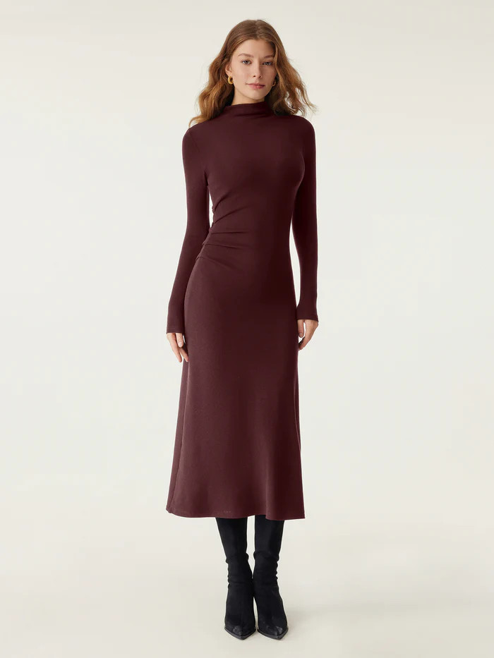 ProWarm Long Sleeves Mockneck Tucks Midi Dress | OGLmove