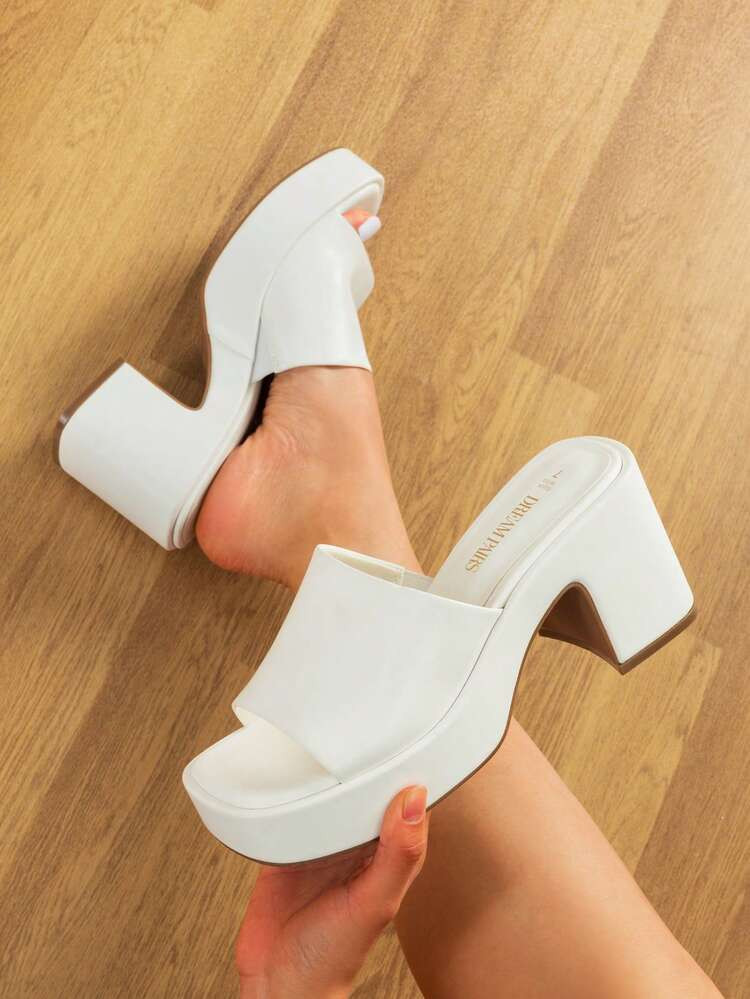 Women Minimalist Chunky Platform Mule Sandals Elegant Summer Slip On Square Open Toe Heeled Sandals For Outgoing School Party Prom | SHEIN