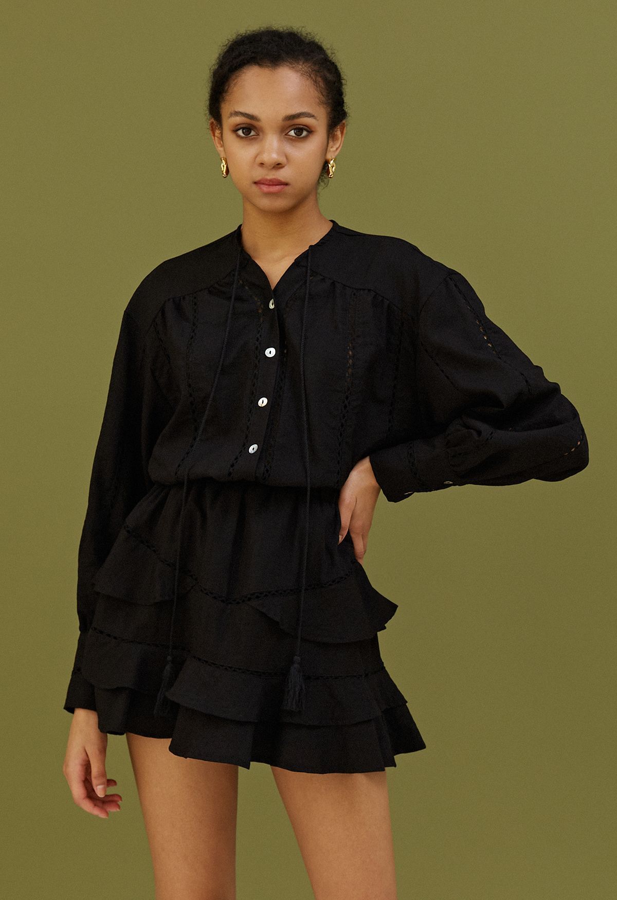 Hollow Out Tassel Shirt and Tiered Mini Skirt Set in Black | Chicwish