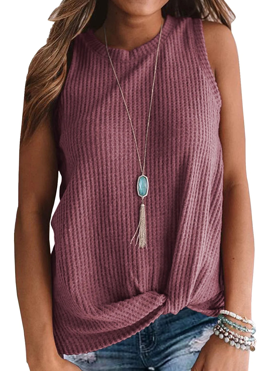JWD Womens Waffle Knit Tunic Casual Blouse Sleeveless Cute Twist Knot Tank Tops Rust Red L | Walmart (US)