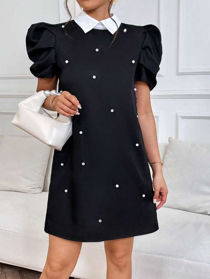 SHEIN Privé Pearls Beaded Puff Sleeve Dress | SHEIN
