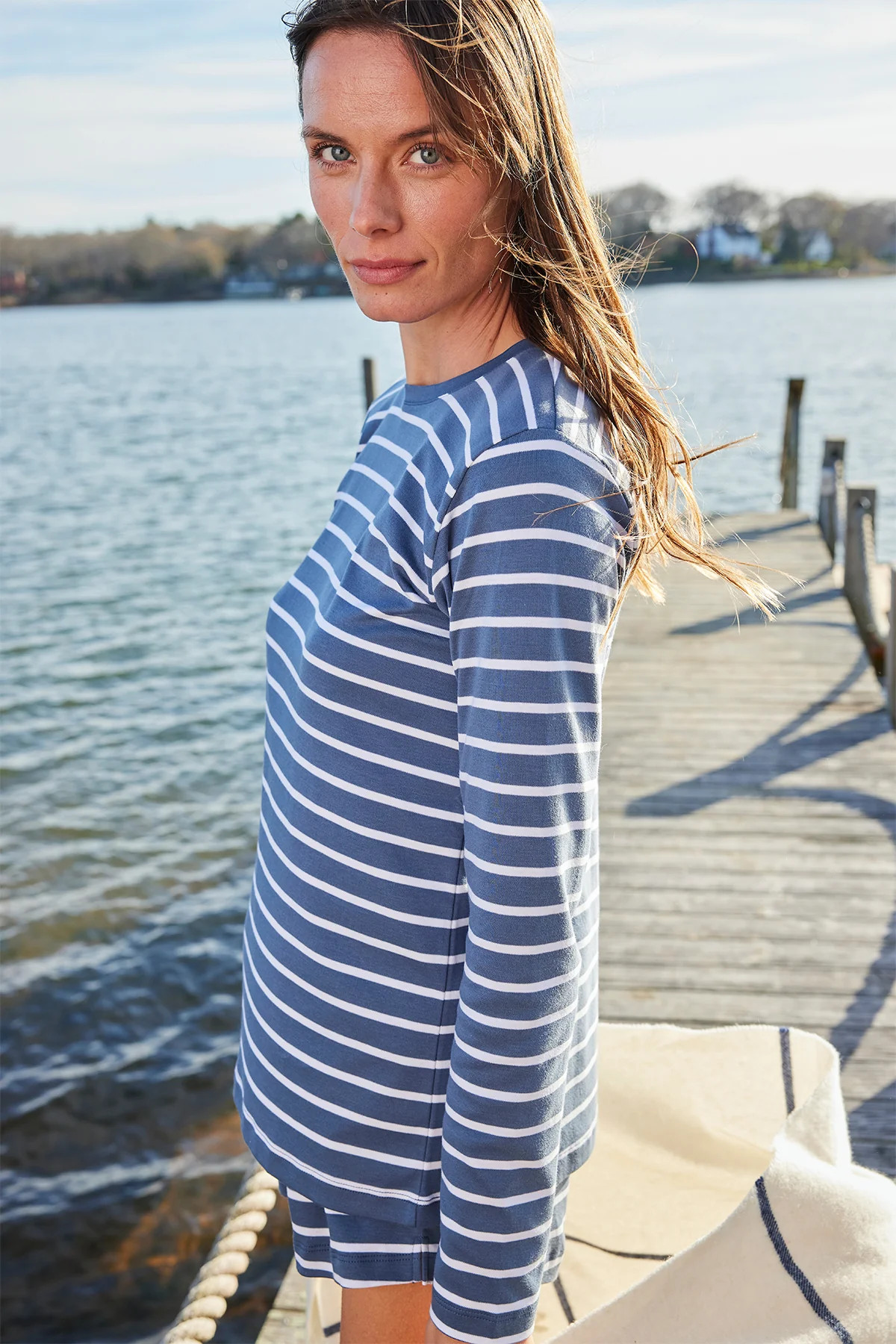 Pima Crew Long-Short Set in Sea Depth Anchor Stripe | Lake Pajamas