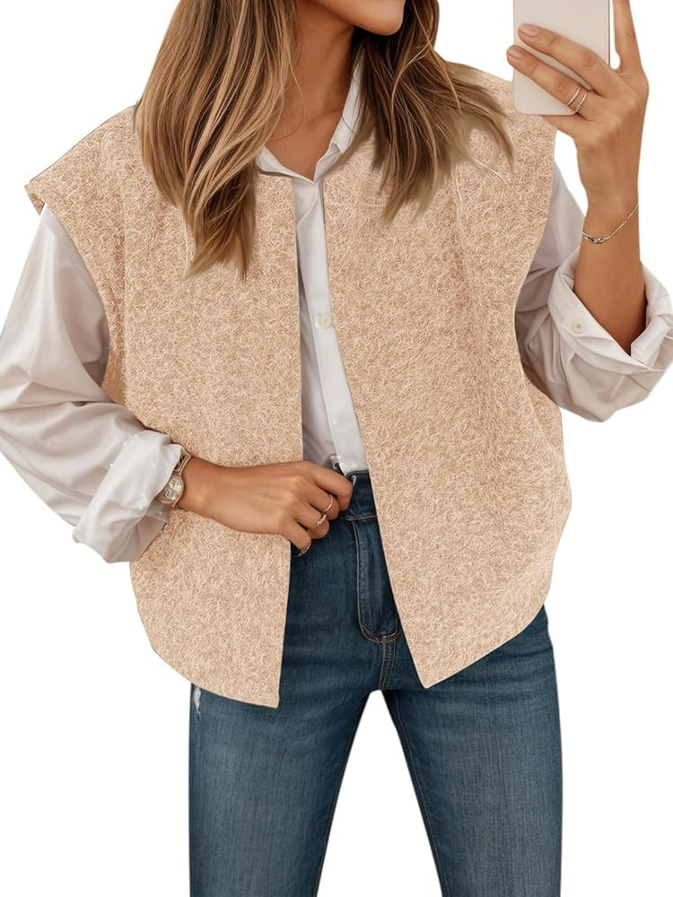 Yousify Womens Fuzzy Vest Cap Sleeve Crew Neck Knit Sweater Fall Casual Open Front Vest Outerwear | Amazon (US)