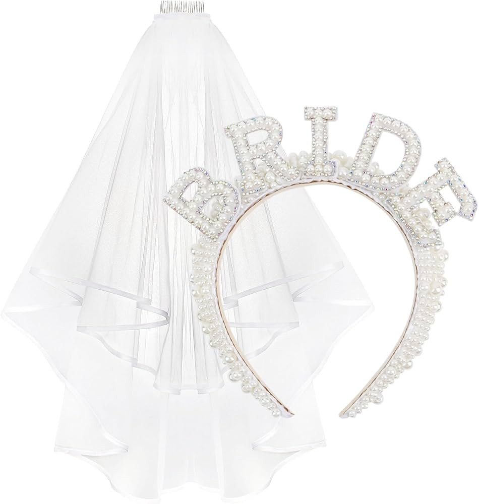 Pearl Bride Headband with Bridal Veil, Bachelorette Party Decorations, Bride Headband Bachelorett... | Amazon (US)