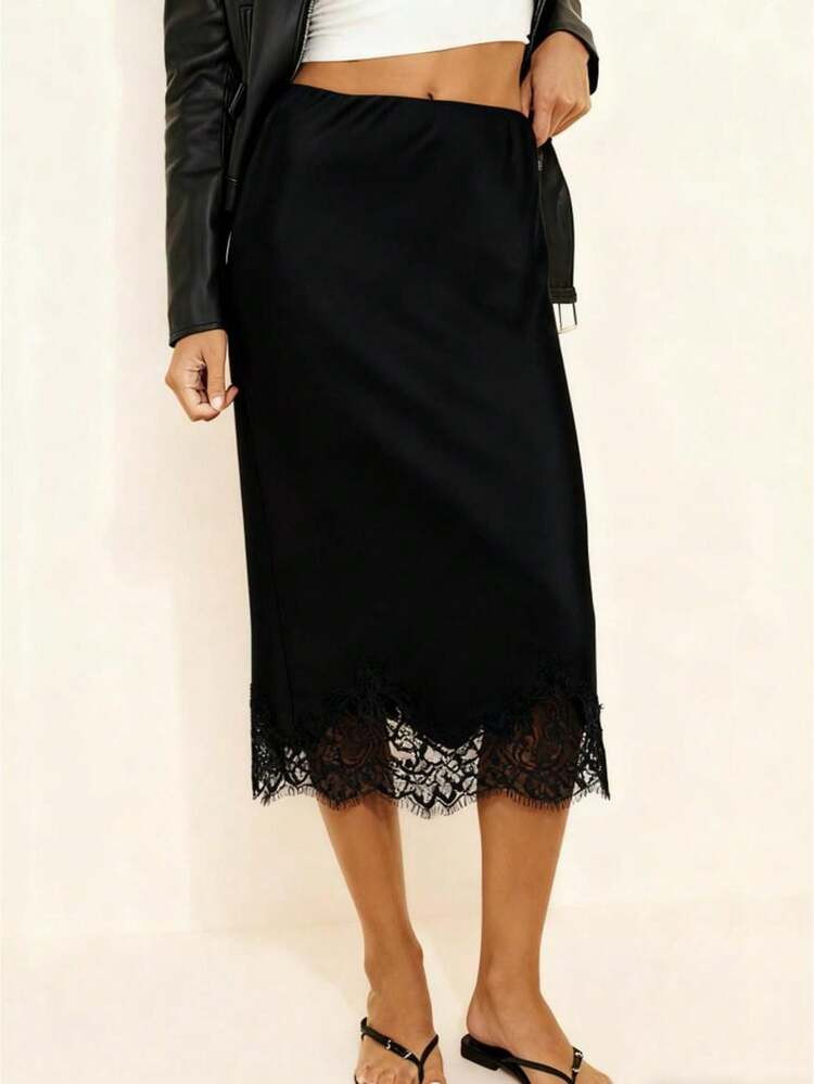 Women Lace Trim Satin Skirt Elegant Silky A Line Flowy Midi Long Skirt Y2k Elastic Rise Half Slip Underskirt | SHEIN