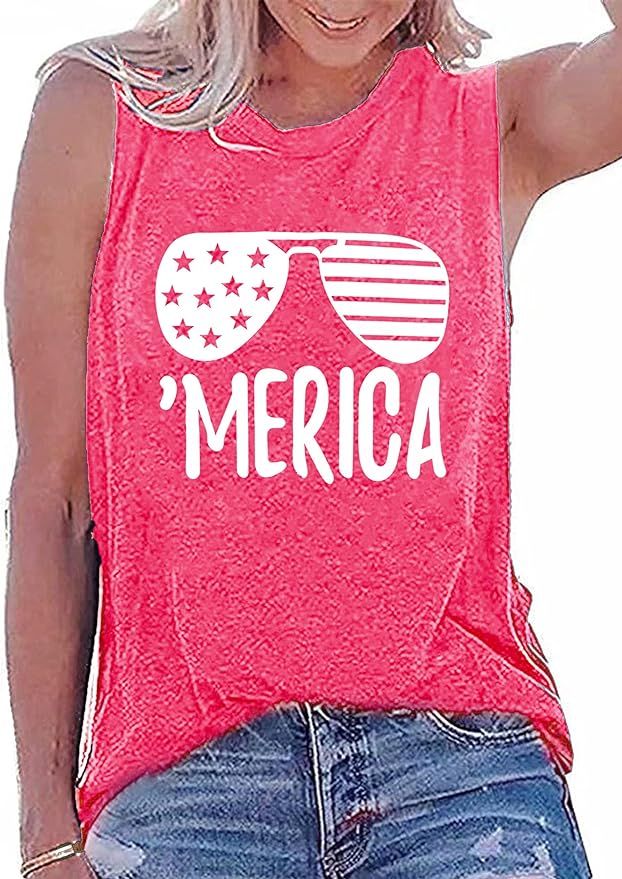American Flag Tank Tops Women Sunglass Graphic Tees Shirts Casual Sleeveless 4th of July Shirt To... | Amazon (US)