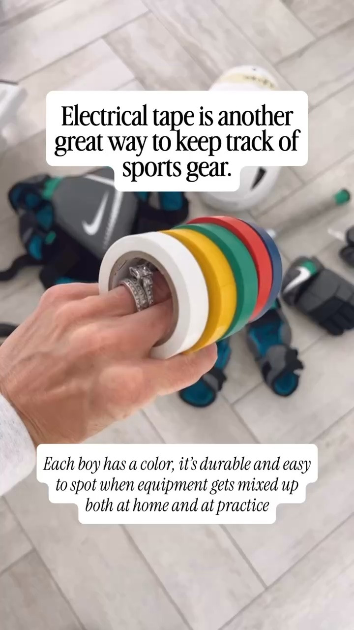 Sports mom hacks! I use electrical tape to help identify which gear belongs to which kid! 

#soccermom #momtips #sportsmomlife

#LTKdayinmylife #LTKmomlife #LTKKids