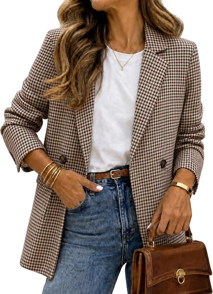 ELLEVEN Women's Oversized Boyfriend Blazer, Plaid Tweed Jacket Fully Lined - Fall Winter Elegant Coat for Work Office | Amazon (US)