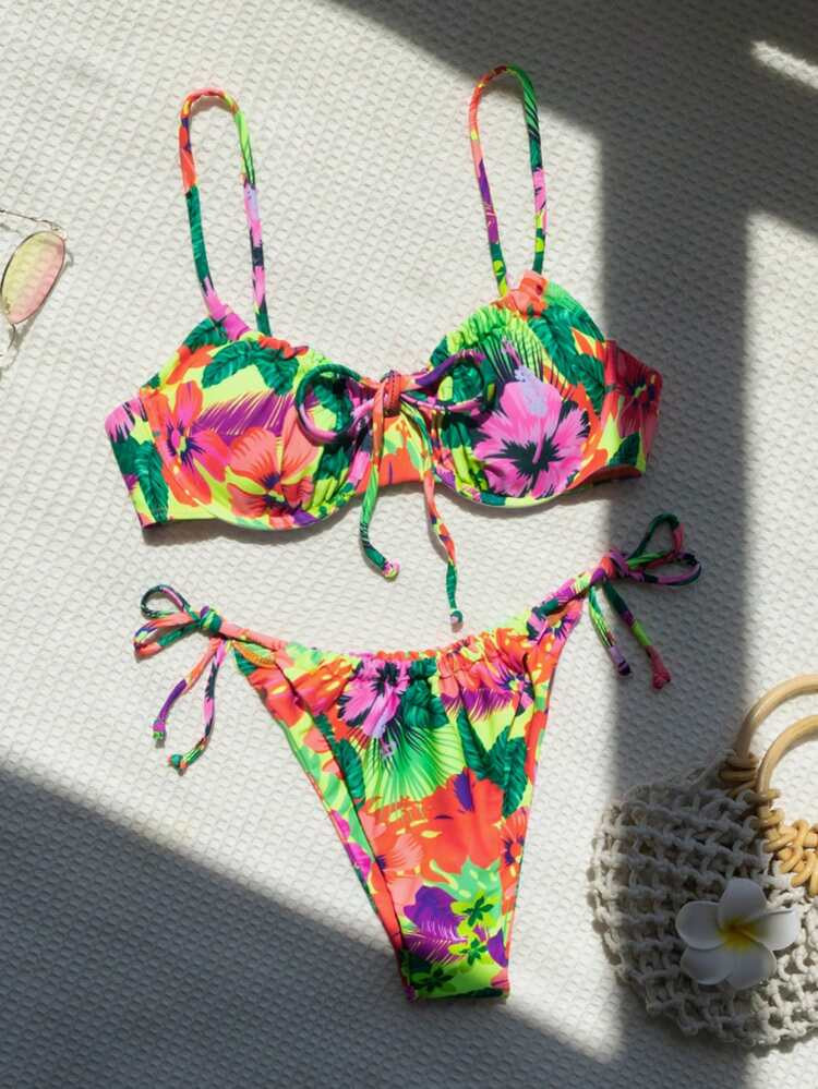 Tropical Print Underwire Tie Side Bikini Swimsuit
       
              
              $10.99    ... | SHEIN