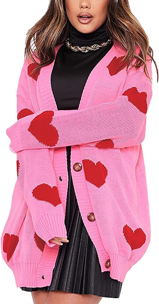 Women’s Heart Print Sweater Long Sleeve Button E-Girl Knitwear Cardigan Aesthetic Y2K Valentine... | Amazon (US)