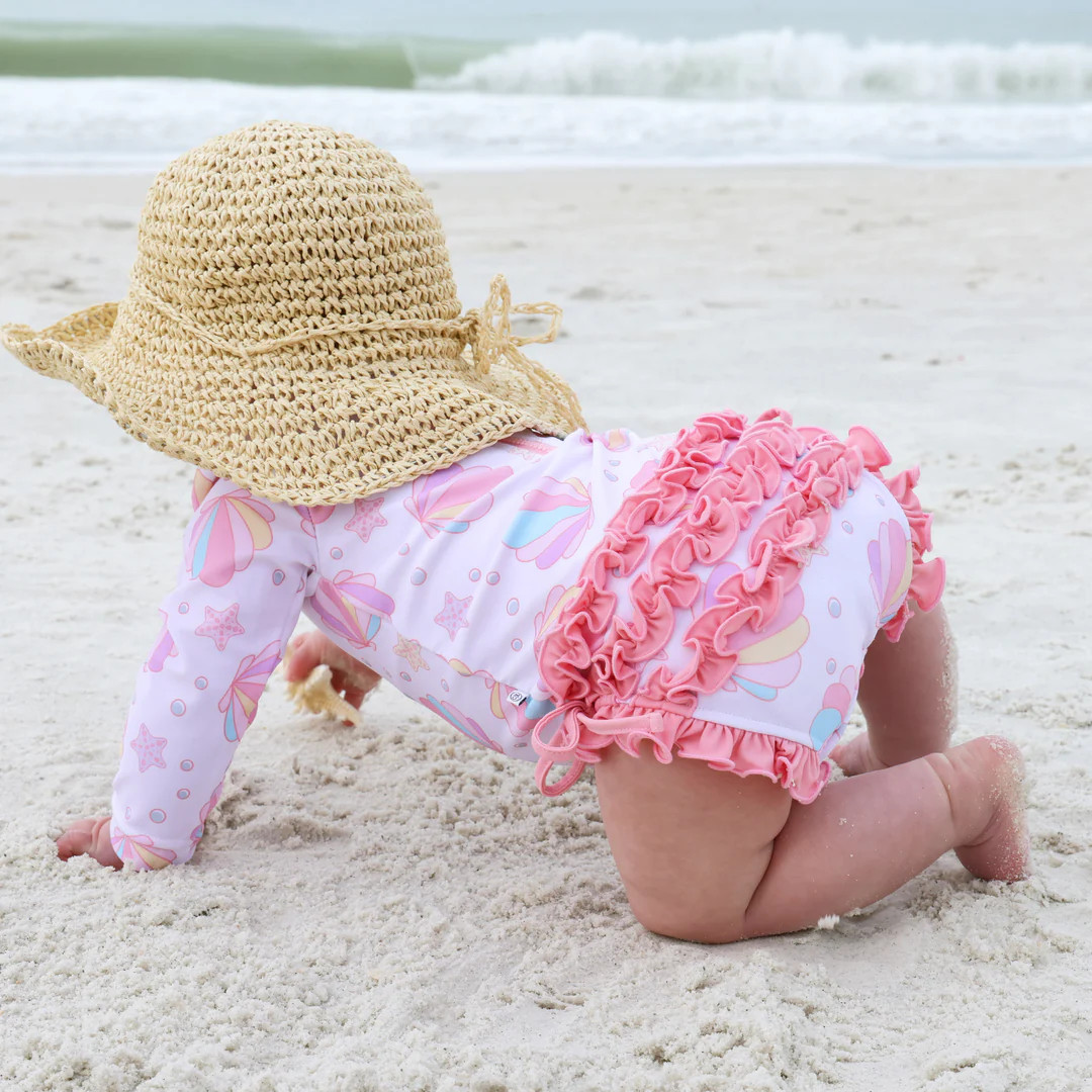 Long Sleeve Rash Guard With Ruffle Bottom | Shell Yeah! | Caden Lane