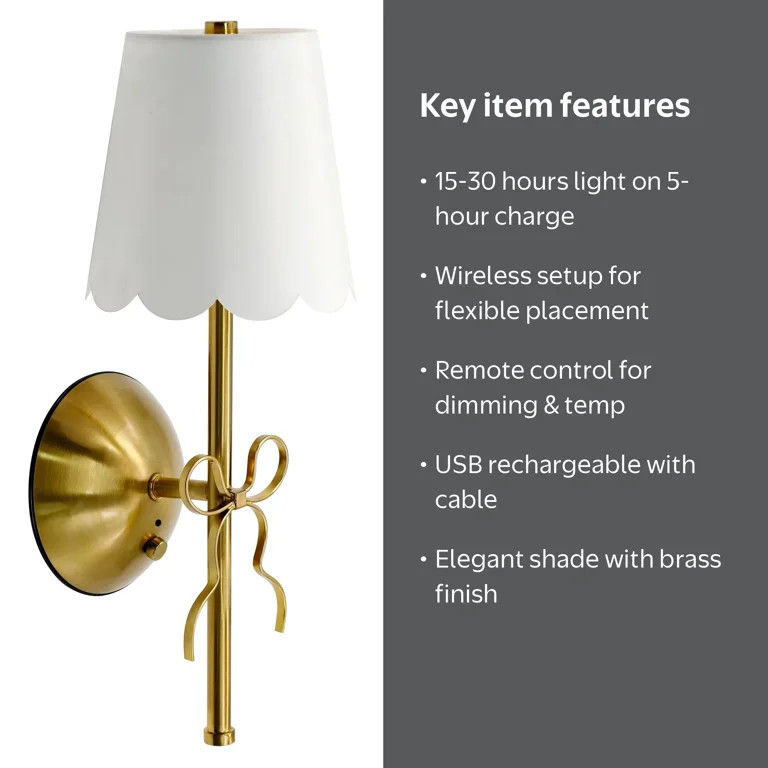 Home Decor Collection Sterling & Noble Home Cordless Brass Wall Sconce with Scallop Shade and Rem... | Walmart (US)