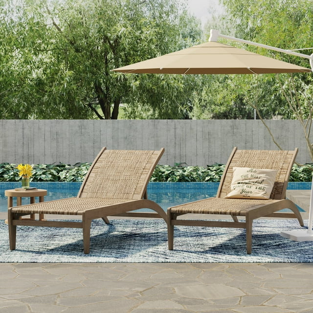 Shane Acacia Wood and Flat Wicker Outdoor Chaise Lounge, Light Brown and Light Multibrown, Set of... | Walmart (US)