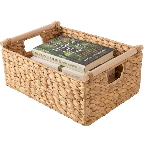 Best Choice Products Wicker Storage Basket, Shelf Organizer Basket w/Wooden Handles, Woven Rectangular Storage Bin, Natural Water Hyacinth for Pantry, Closet, Laundry Room, & Living Room - Natural | Amazon (US)