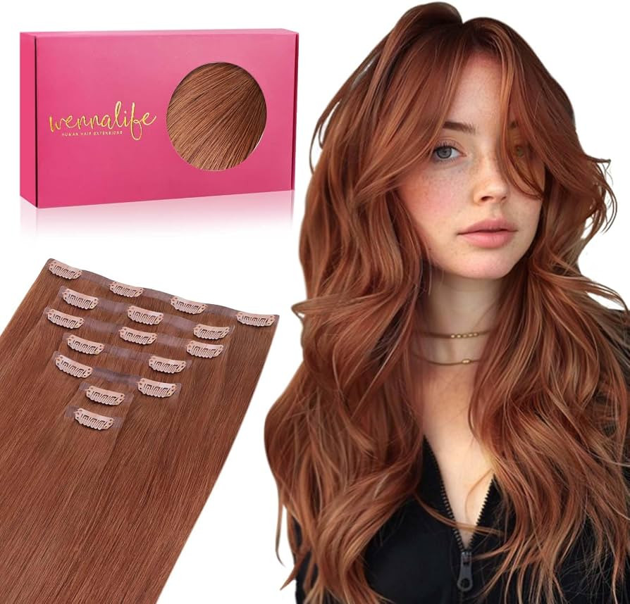 WENNALIFE Seamless Clip In Hair Extensions Human Hair, 18 Inch 130g 7pcs Dark Auburn Copper Real ... | Amazon (US)
