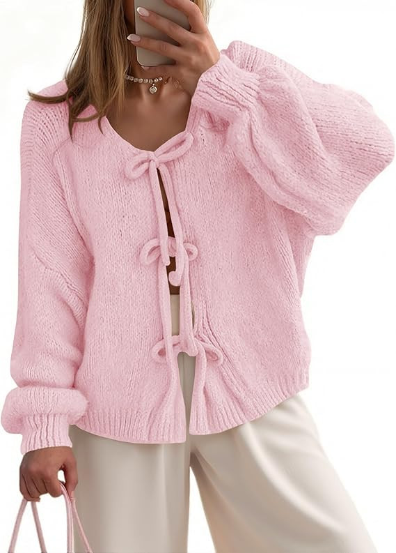 UNCLECAT Womens Bow Tie Front Cardigan Sweaters Oversized Fall Open Front Cardigans Cute Loose Kn... | Amazon (US)