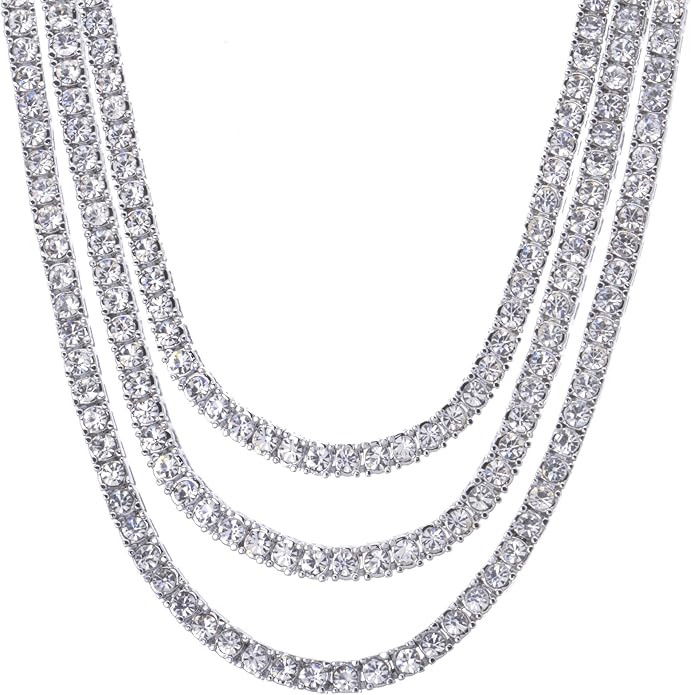 16" 18" 22" Triple Tennis Chain SET Iced CZ Lab Created Diamond Necklace (Silver Toned) | Amazon (US)