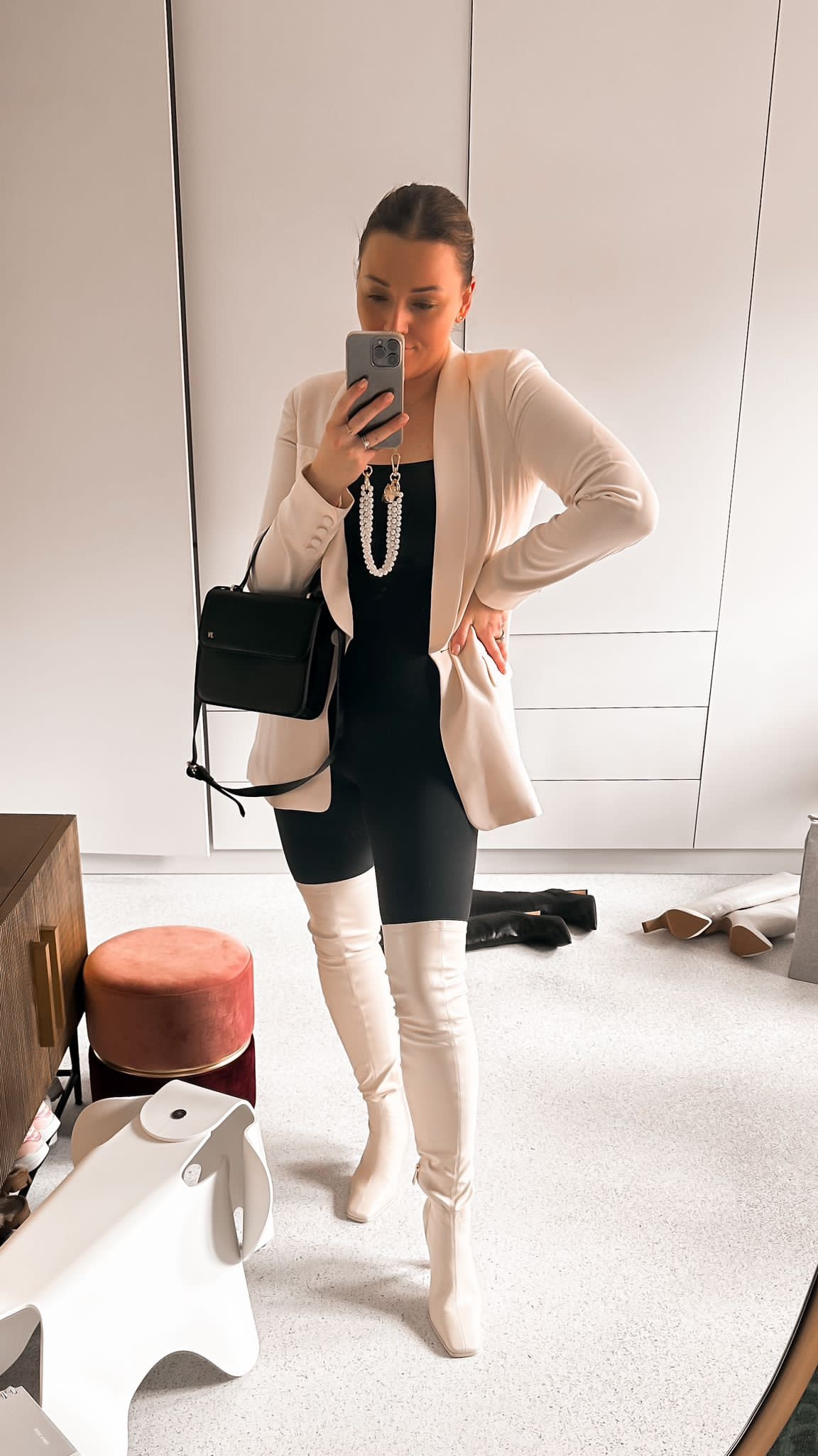 Oversized blazer, autumn outfit, H&M, Legging van katoenmix, Legging - High waist, off white over the knee boots, white oversized blazer,telephone cord, slim fit top, knee high boots, crossbody bag, Netherlands.

#LTKstyletip #LTKSeasonal #LTKeurope