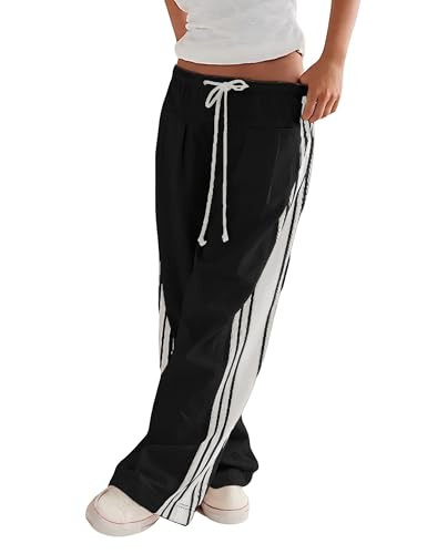 Hongsui Women's Wide Leg Pants Drawstring High Rise Side Striped Slouchy Palazzo Pants with Pockets (Black-S) | Amazon (US)