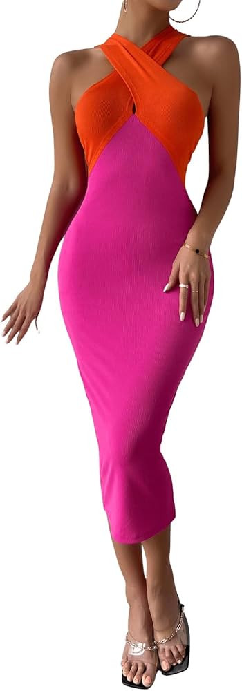 WDIRARA Women's Deep V Neck Cut Out Split Side Backless Midi Bodycon Halter Dress | Amazon (US)