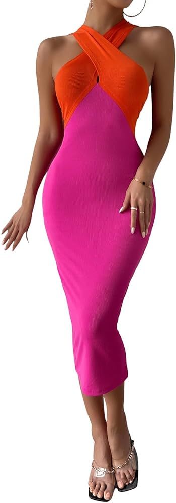 WDIRARA Women's Deep V Neck Cut Out Split Side Backless Midi Bodycon Halter Dress | Amazon (US)